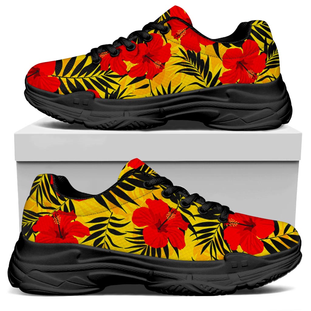 Hawaiian Hibiscus Flowers Pattern Print Black Chunky Shoes