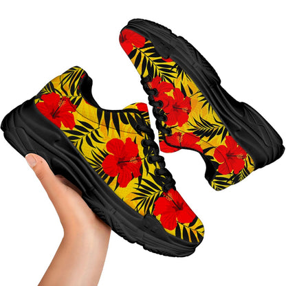 Hawaiian Hibiscus Flowers Pattern Print Black Chunky Shoes