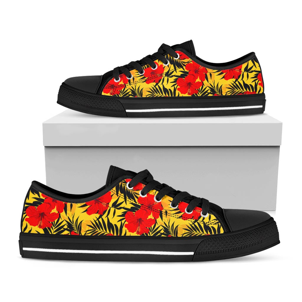 Hawaiian Hibiscus Flowers Pattern Print Black Low Top Sneakers