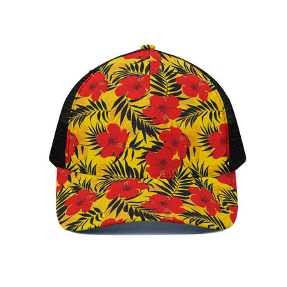 Hawaiian Hibiscus Flowers Pattern Print Black Mesh Trucker Cap