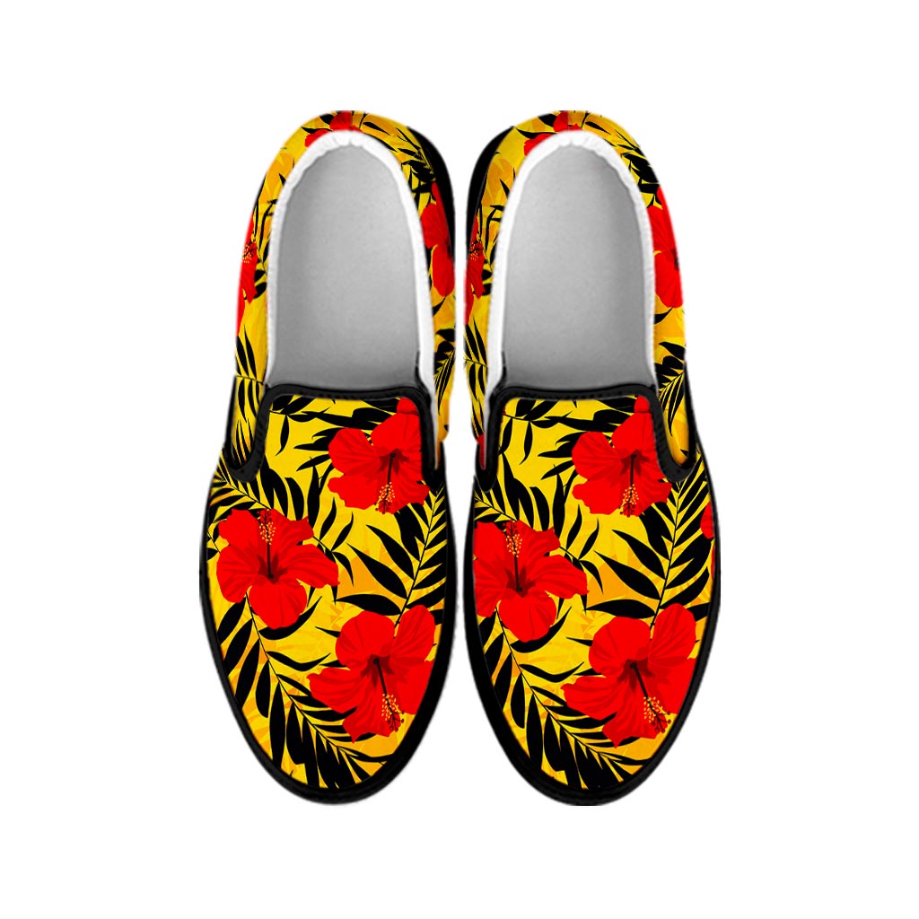 Hawaiian Hibiscus Flowers Pattern Print Black Slip On Sneakers