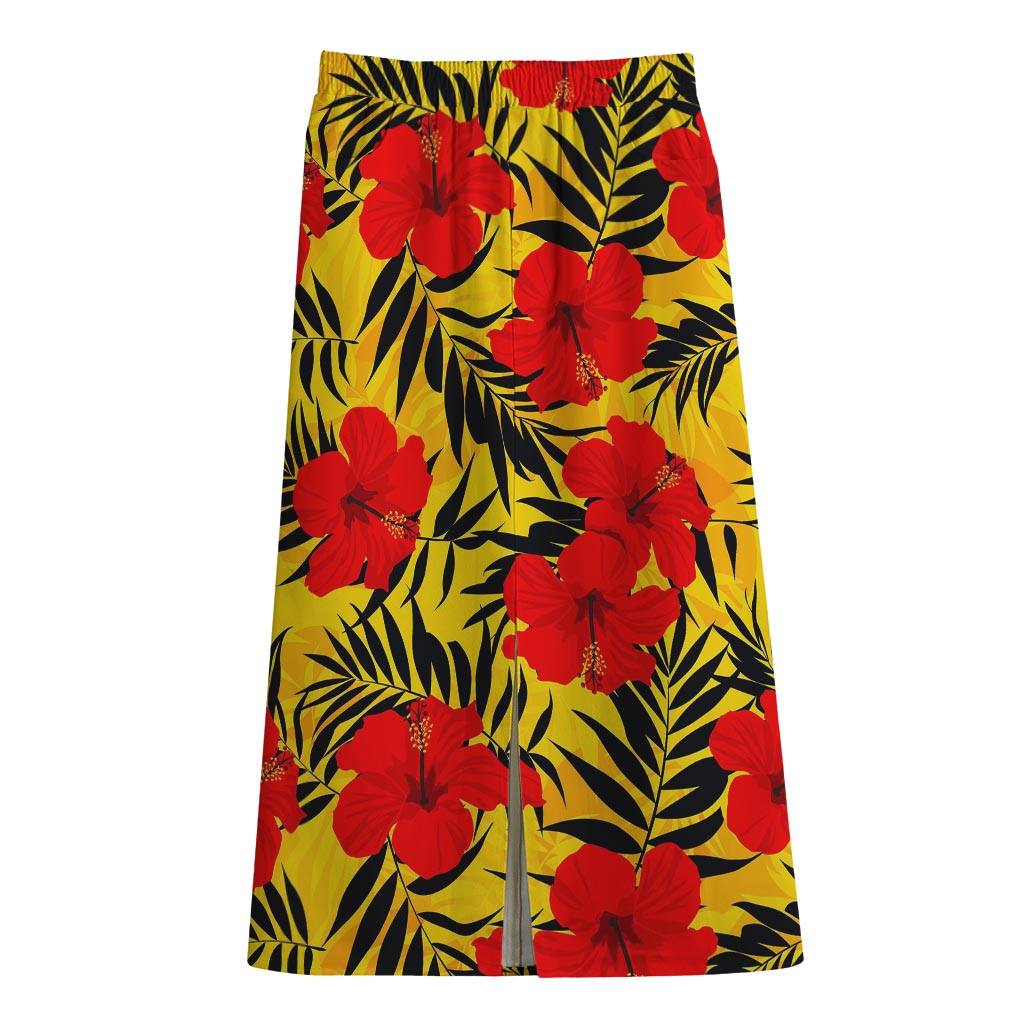 Hawaiian Hibiscus Flowers Pattern Print Cotton Front Slit Maxi Skirt
