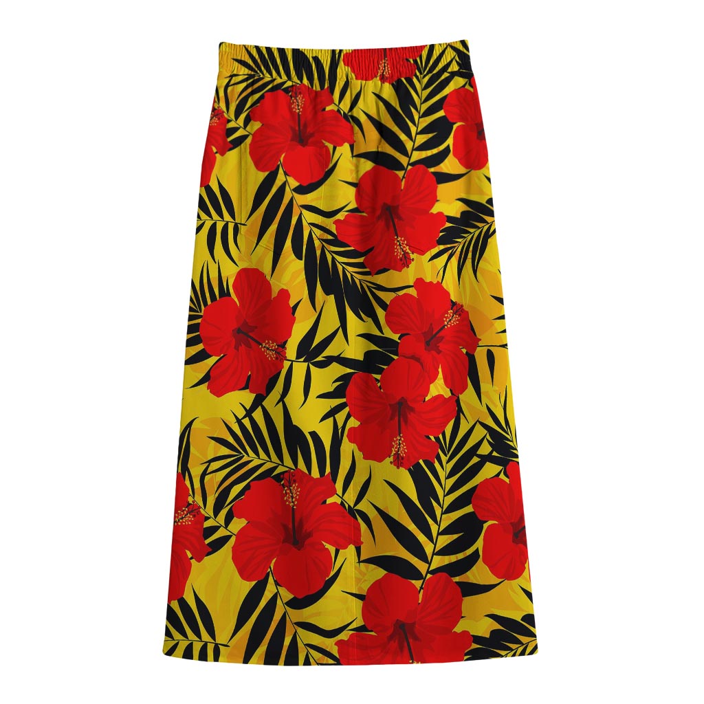 Hawaiian Hibiscus Flowers Pattern Print Cotton Front Slit Maxi Skirt