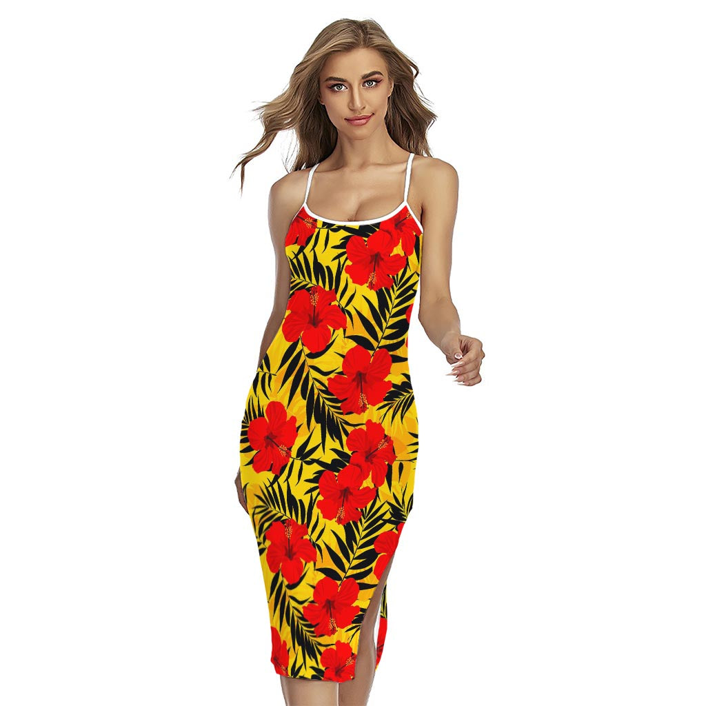 Hawaiian Hibiscus Flowers Pattern Print Cross Back Cami Dress