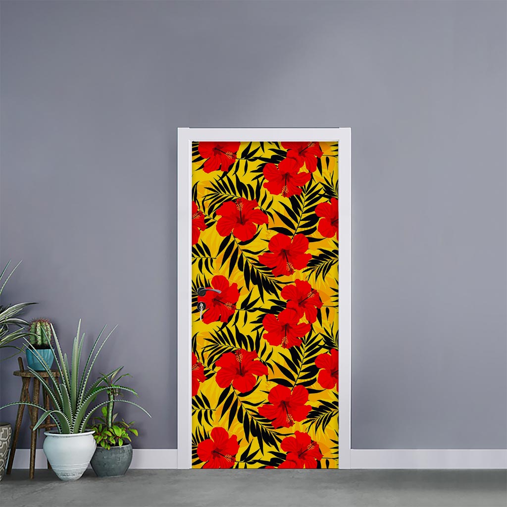 Hawaiian Hibiscus Flowers Pattern Print Door Sticker
