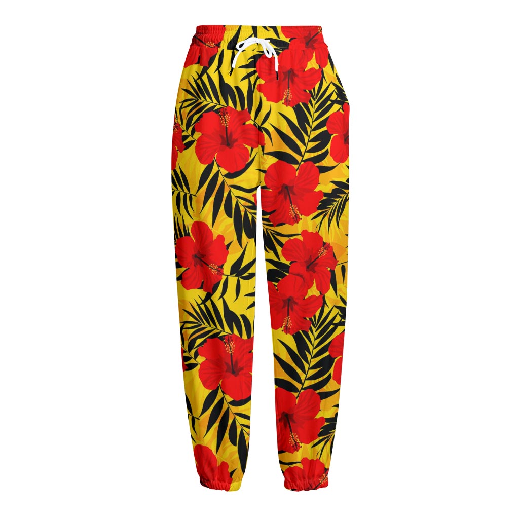 Hawaiian Hibiscus Flowers Pattern Print Fleece Lined Knit Pants