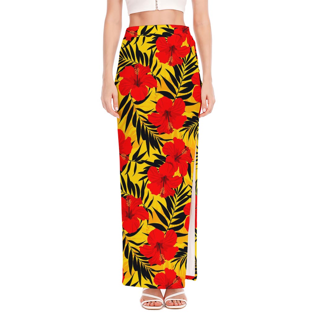 Hawaiian Hibiscus Flowers Pattern Print High Slit Maxi Skirt