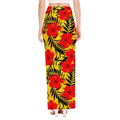 Hawaiian Hibiscus Flowers Pattern Print High Slit Maxi Skirt
