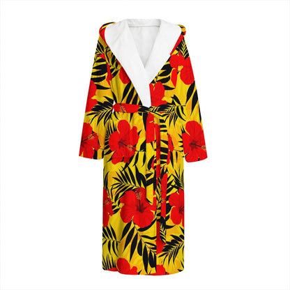 Hawaiian Hibiscus Flowers Pattern Print Hooded Bathrobe