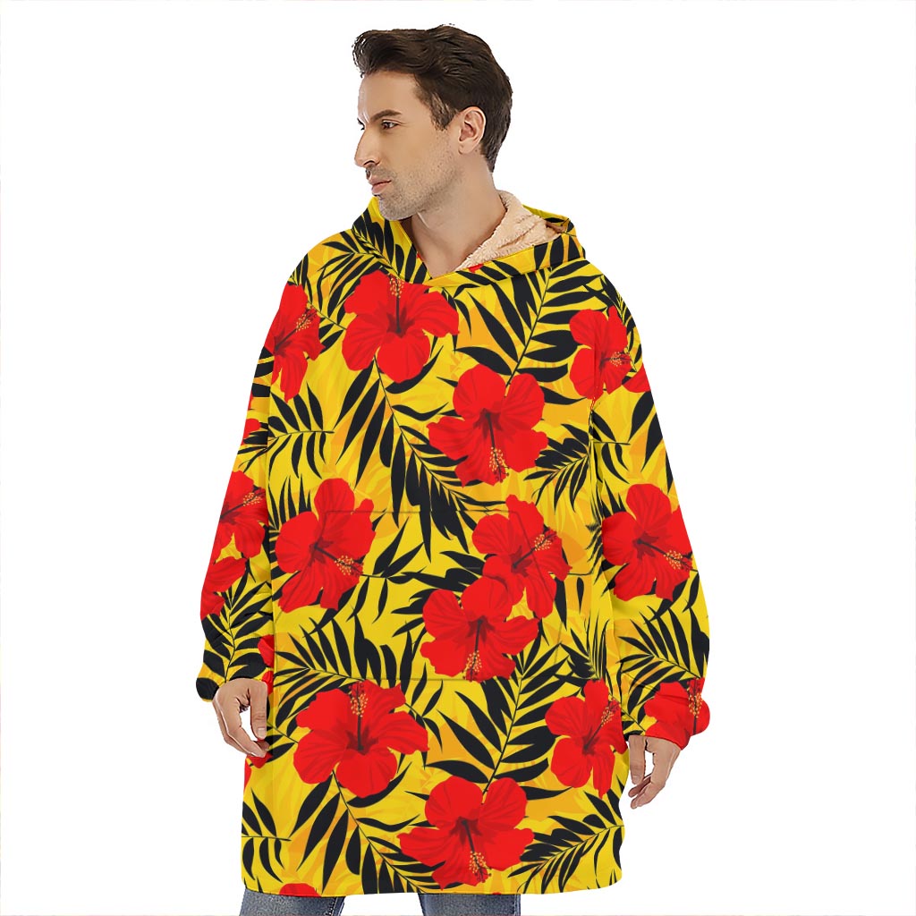 Hawaiian Hibiscus Flowers Pattern Print Hoodie Blanket