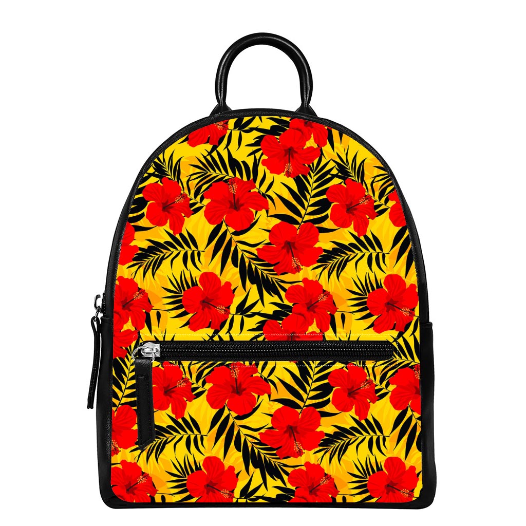 Hawaiian Hibiscus Flowers Pattern Print Leather Backpack