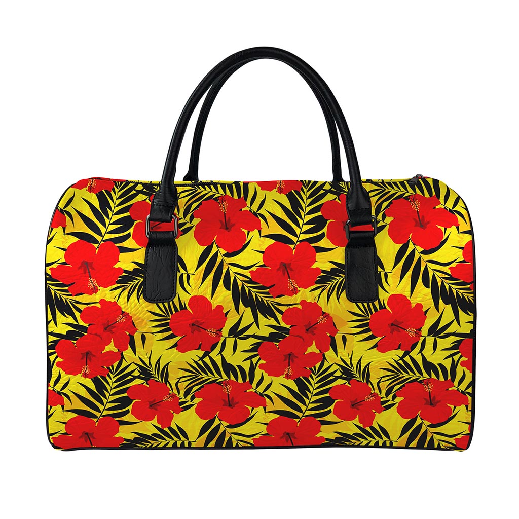 Hawaiian Hibiscus Flowers Pattern Print Leather Duffle Bag