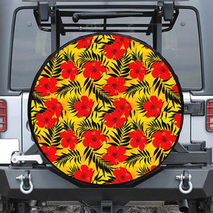 Hawaiian Hibiscus Flowers Pattern Print Leather Spare Tire Cover