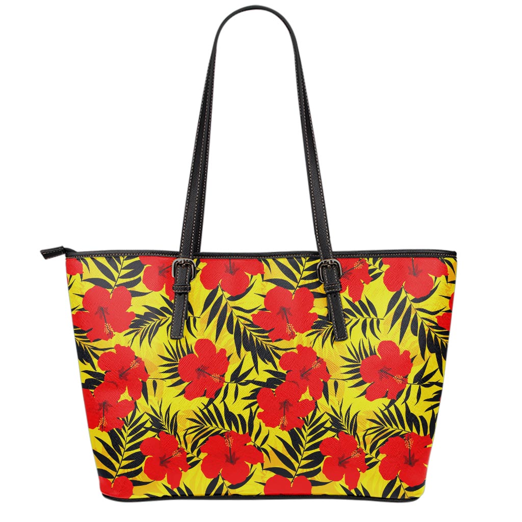 Hawaiian Hibiscus Flowers Pattern Print Leather Tote Bag