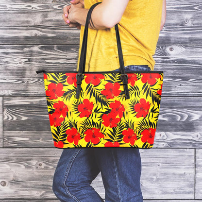 Hawaiian Hibiscus Flowers Pattern Print Leather Tote Bag