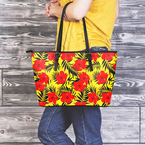Hawaiian Hibiscus Flowers Pattern Print Leather Tote Bag