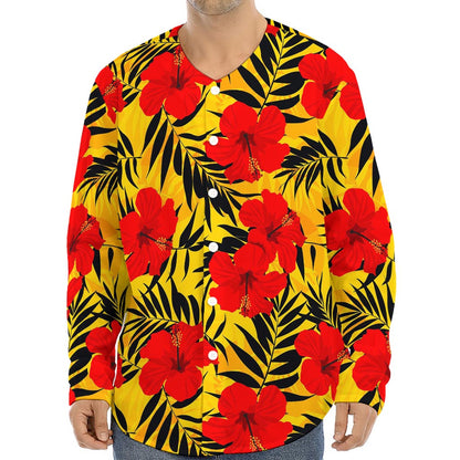 Hawaiian Hibiscus Flowers Pattern Print Long Sleeve Baseball Jersey