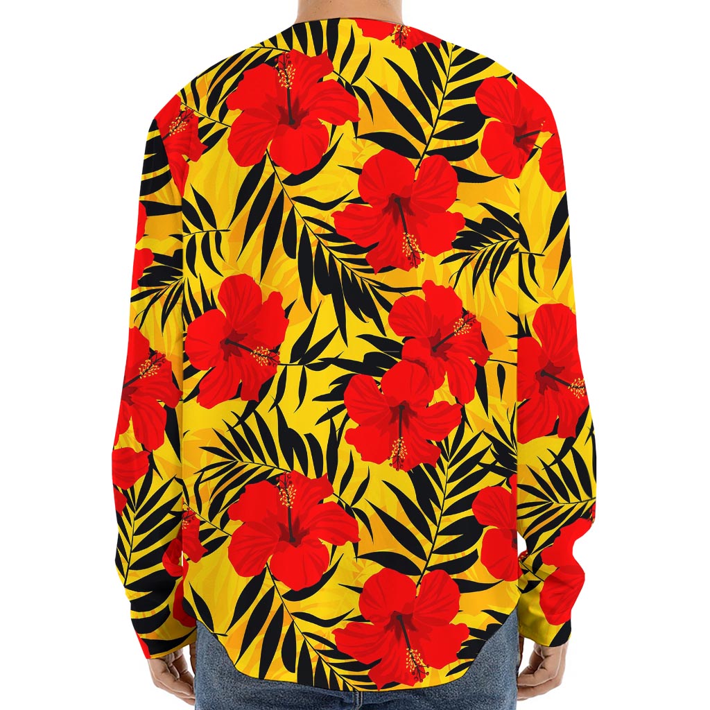 Hawaiian Hibiscus Flowers Pattern Print Long Sleeve Baseball Jersey