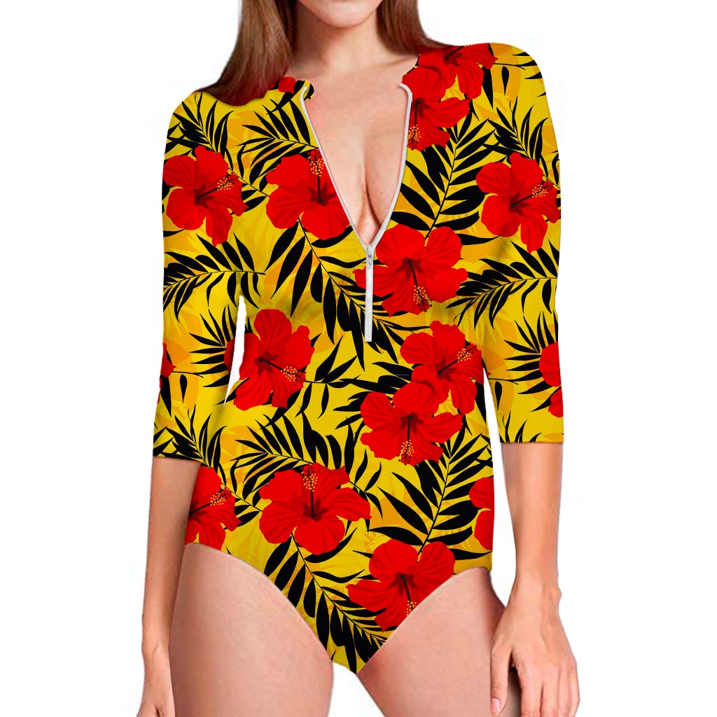 Hawaiian Hibiscus Flowers Pattern Print Long Sleeve Swimsuit