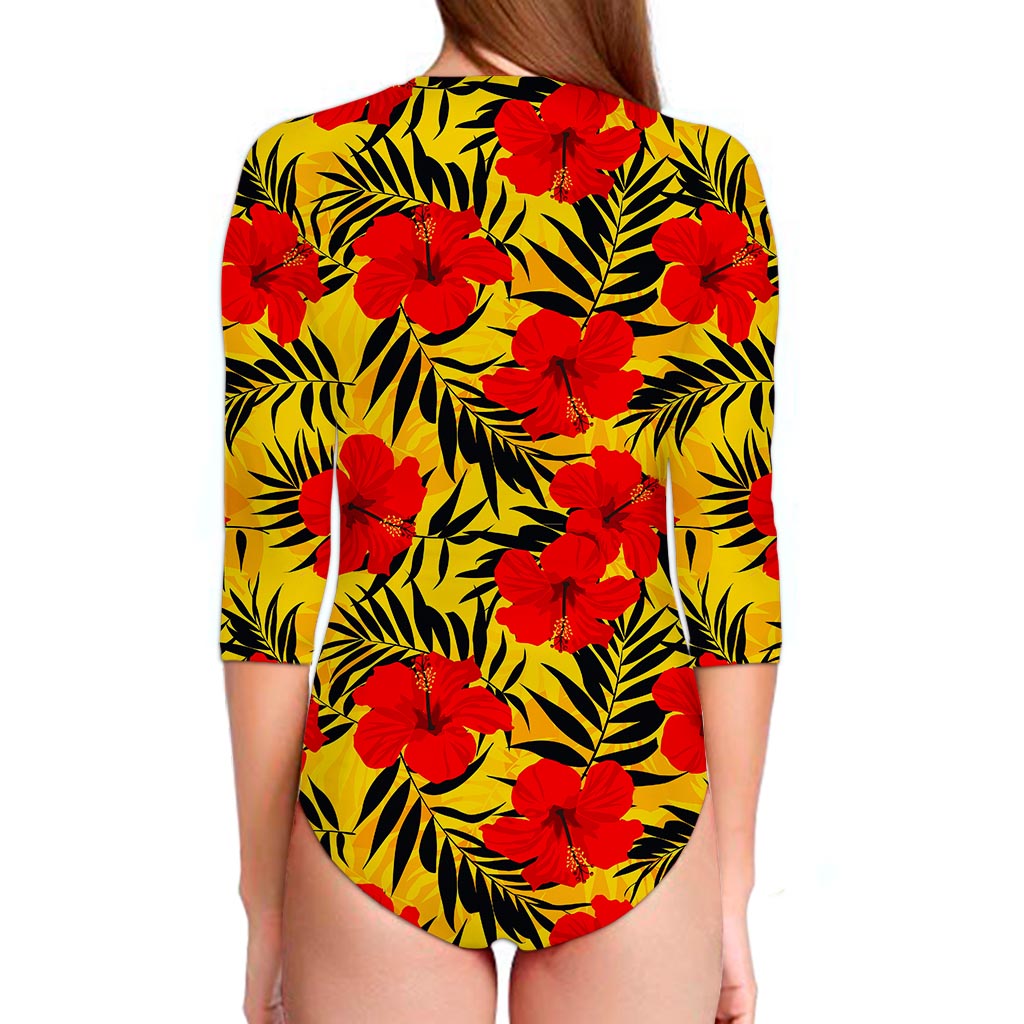 Hawaiian Hibiscus Flowers Pattern Print Long Sleeve Swimsuit