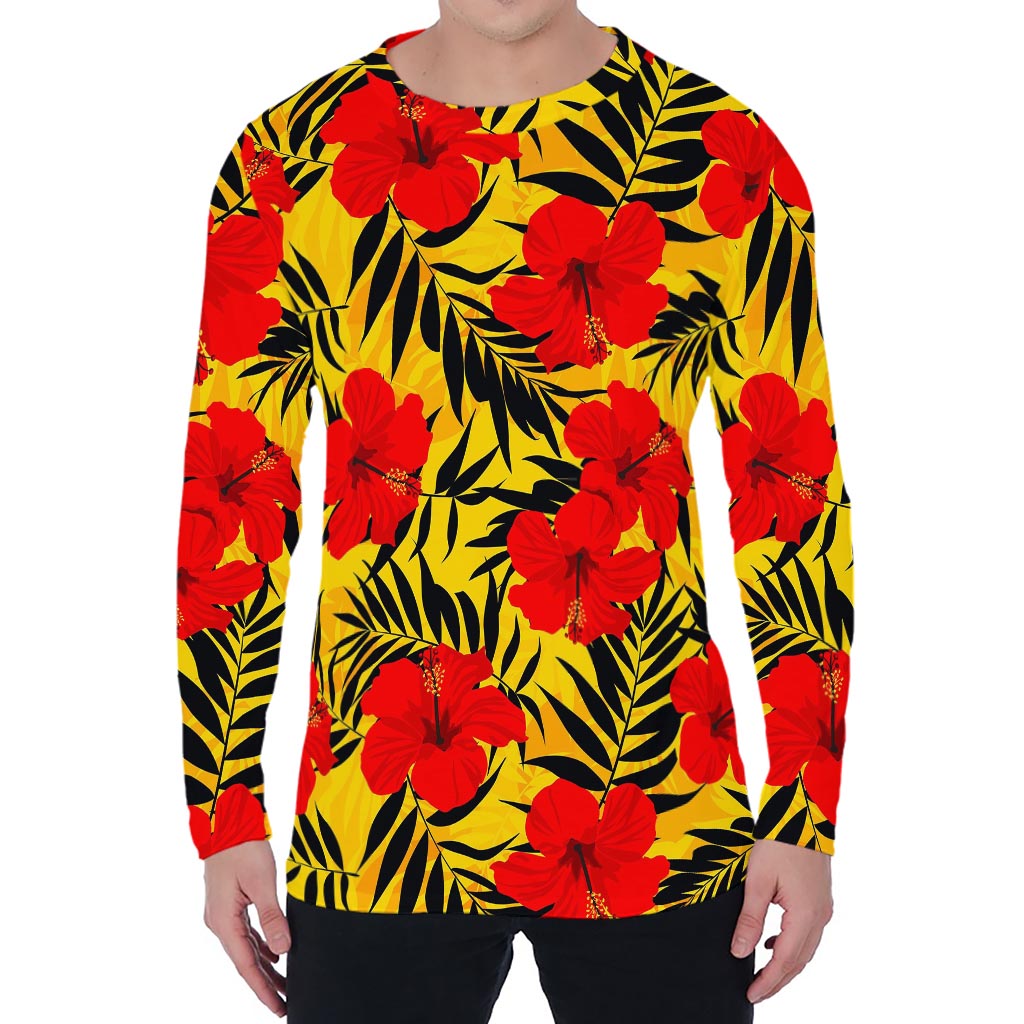 Hawaiian Hibiscus Flowers Pattern Print Men's Long Sleeve T-Shirt