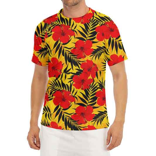 Hawaiian Hibiscus Flowers Pattern Print Men's Short Sleeve Rash Guard