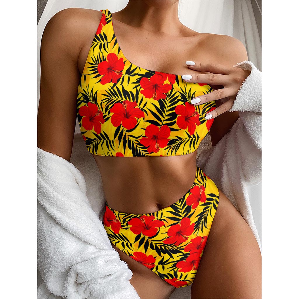 Hawaiian Hibiscus Flowers Pattern Print One Shoulder Bikini Top