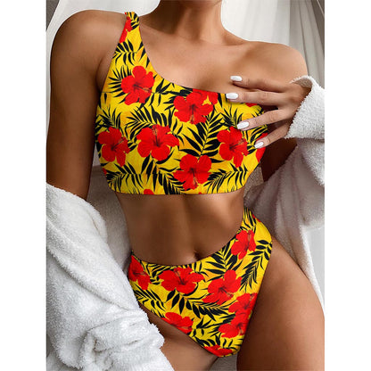 Hawaiian Hibiscus Flowers Pattern Print One Shoulder Bikini Top