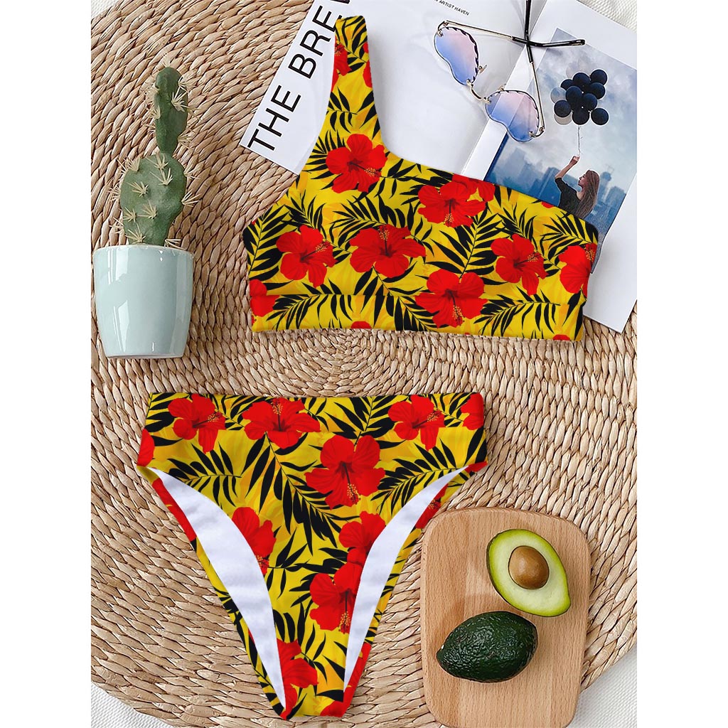 Hawaiian Hibiscus Flowers Pattern Print One Shoulder Bikini Top