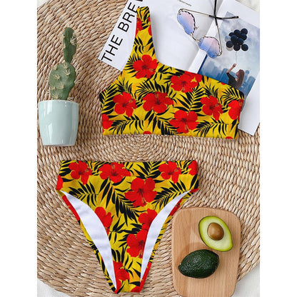 Hawaiian Hibiscus Flowers Pattern Print One Shoulder Bikini Top