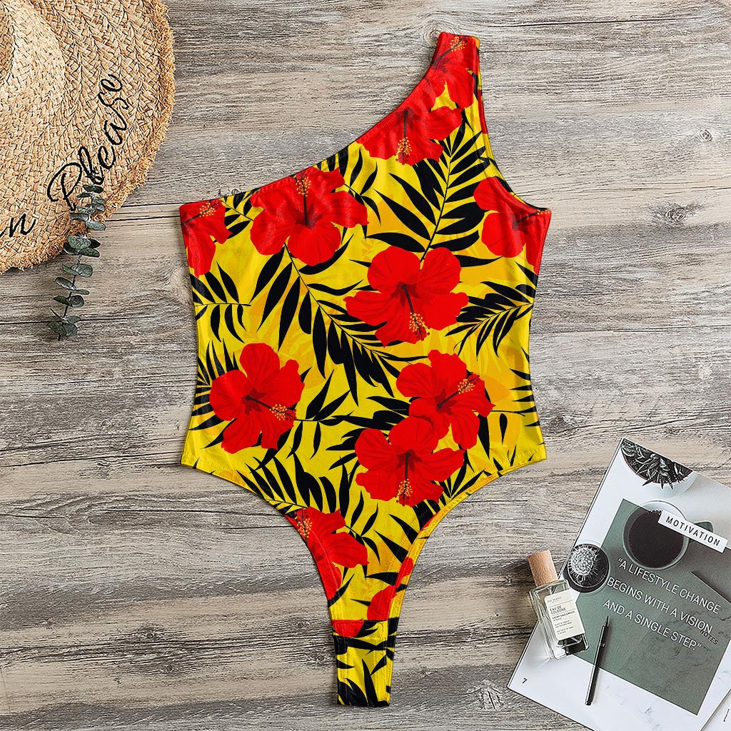 Hawaiian Hibiscus Flowers Pattern Print One Shoulder Bodysuit