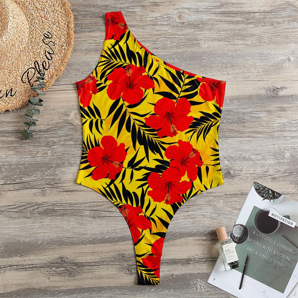 Hawaiian Hibiscus Flowers Pattern Print One Shoulder Bodysuit