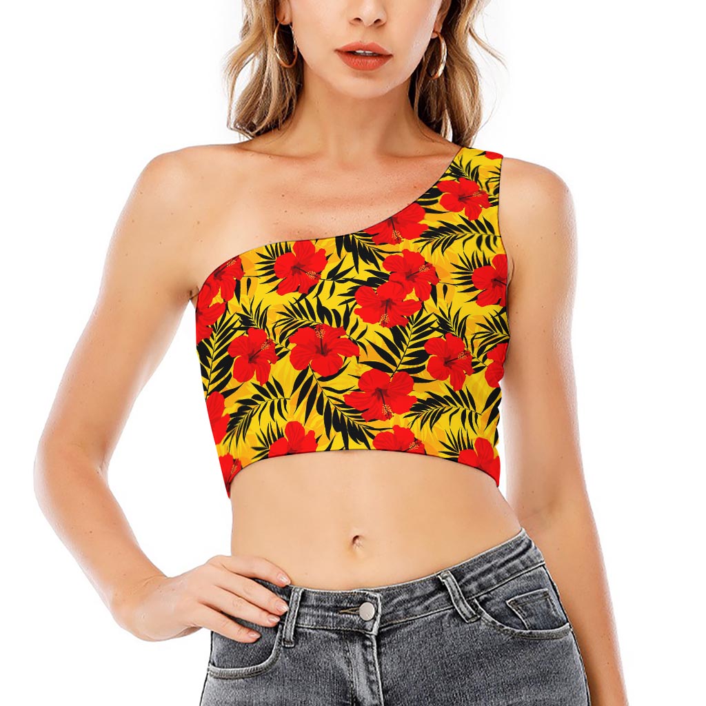 Hawaiian Hibiscus Flowers Pattern Print One Shoulder Crop Top