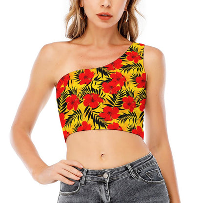 Hawaiian Hibiscus Flowers Pattern Print One Shoulder Crop Top