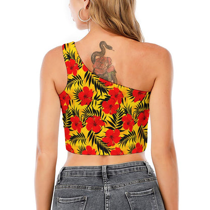 Hawaiian Hibiscus Flowers Pattern Print One Shoulder Crop Top