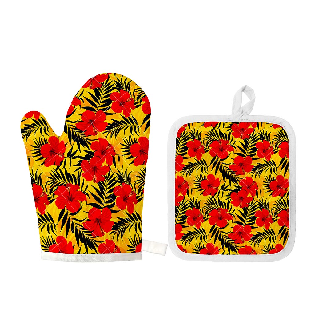 Hawaiian Hibiscus Flowers Pattern Print Oven Mitt And Pot Holder Set