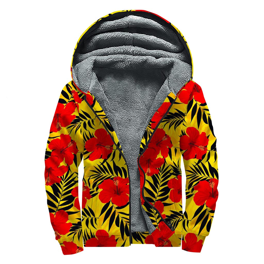 Hawaiian Hibiscus Flowers Pattern Print Sherpa Lined Zip Up Hoodie