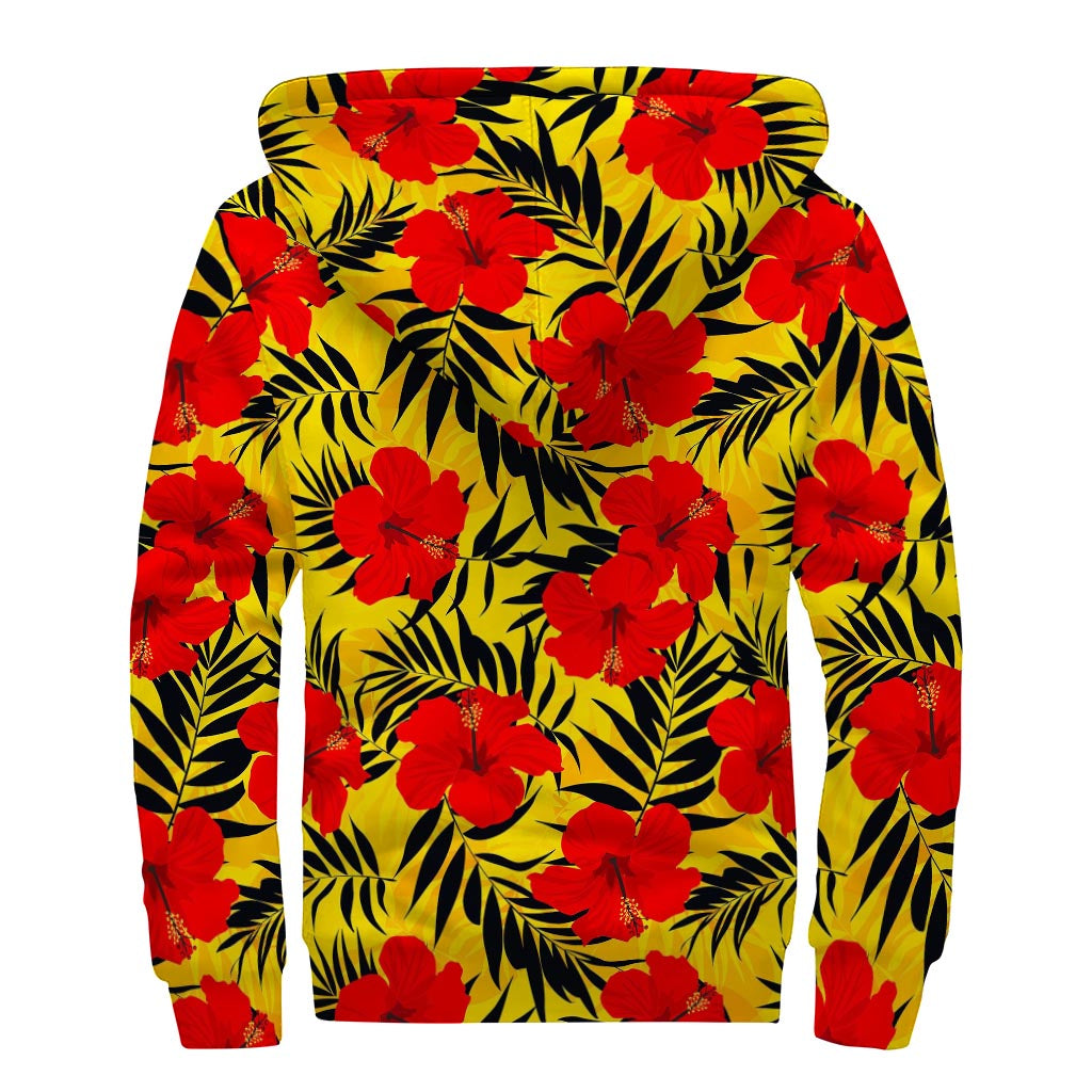 Hawaiian Hibiscus Flowers Pattern Print Sherpa Lined Zip Up Hoodie