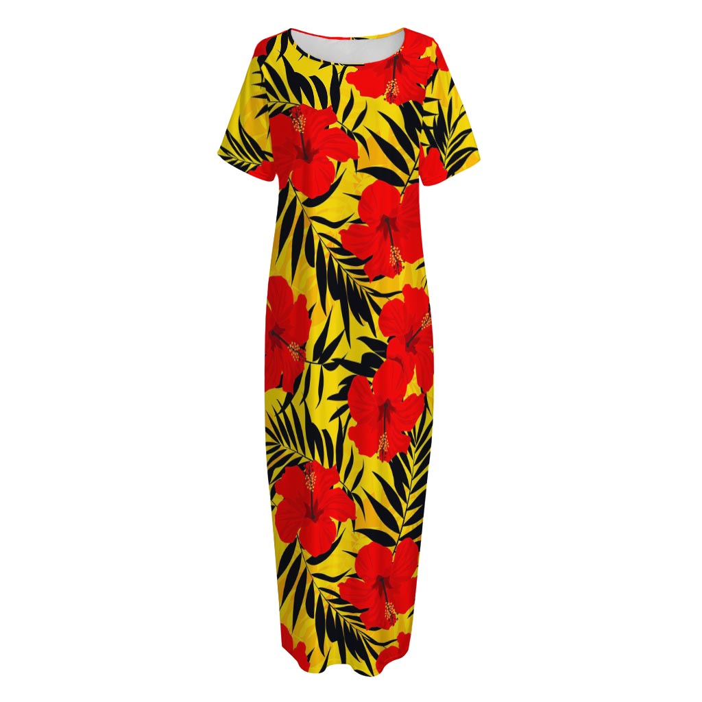 Hawaiian Hibiscus Flowers Pattern Print Short Sleeve Long Nightdress
