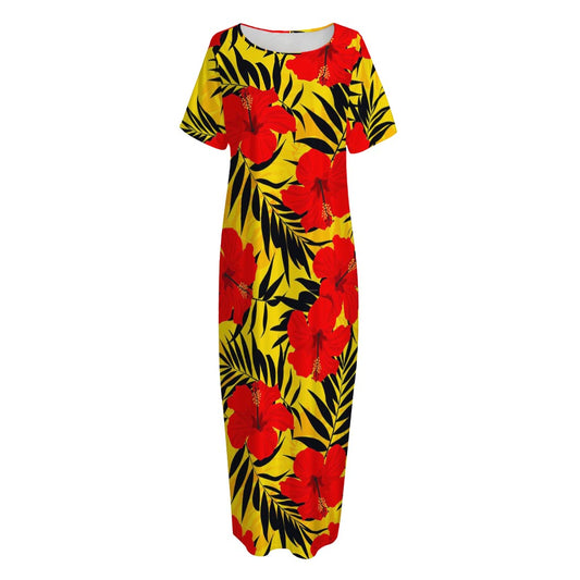 Hawaiian Hibiscus Flowers Pattern Print Short Sleeve Long Nightdress