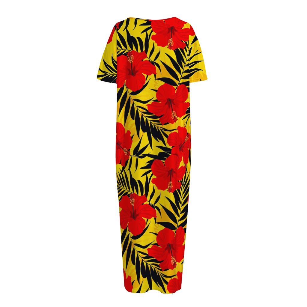 Hawaiian Hibiscus Flowers Pattern Print Short Sleeve Long Nightdress