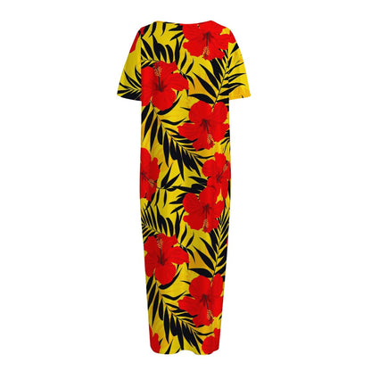 Hawaiian Hibiscus Flowers Pattern Print Short Sleeve Long Nightdress
