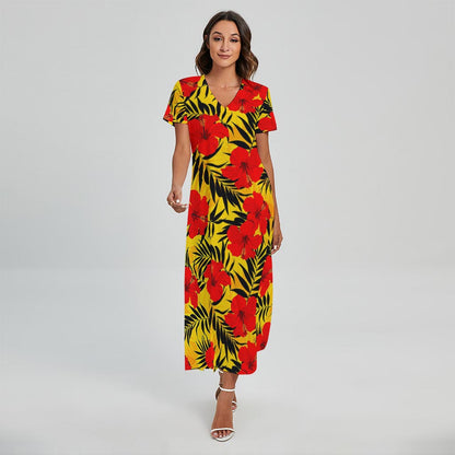 Hawaiian Hibiscus Flowers Pattern Print Short Sleeve Maxi Dress