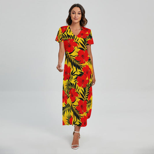 Hawaiian Hibiscus Flowers Pattern Print Short Sleeve Maxi Dress