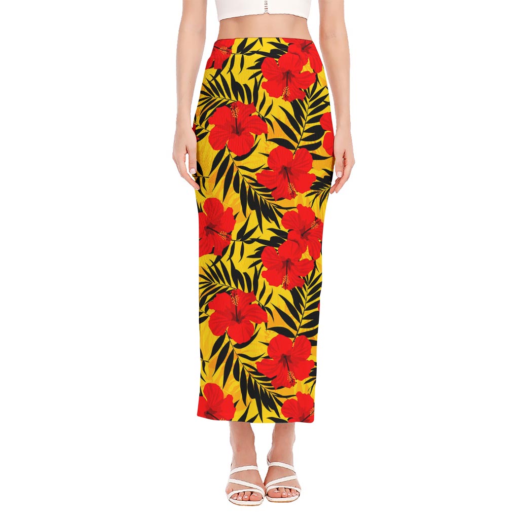 Hawaiian Hibiscus Flowers Pattern Print Side Slit Maxi Skirt