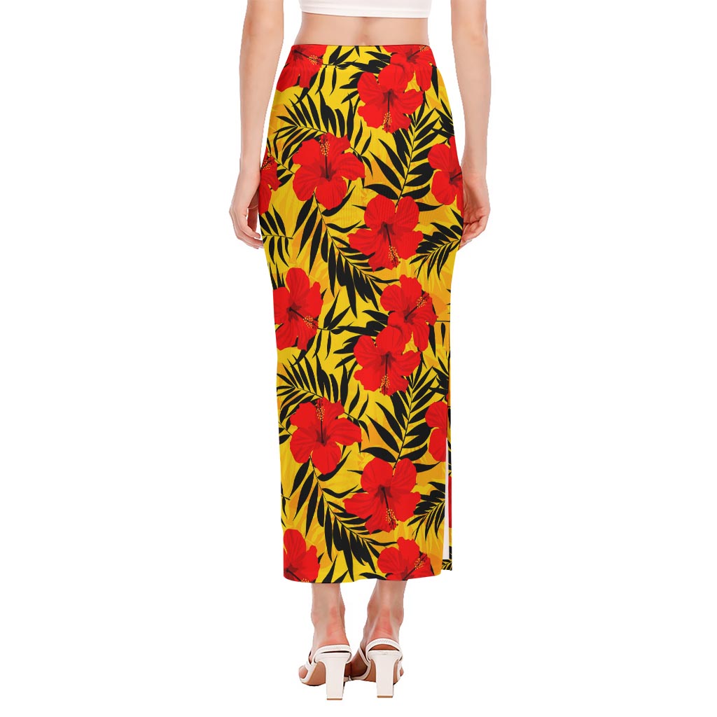 Hawaiian Hibiscus Flowers Pattern Print Side Slit Maxi Skirt