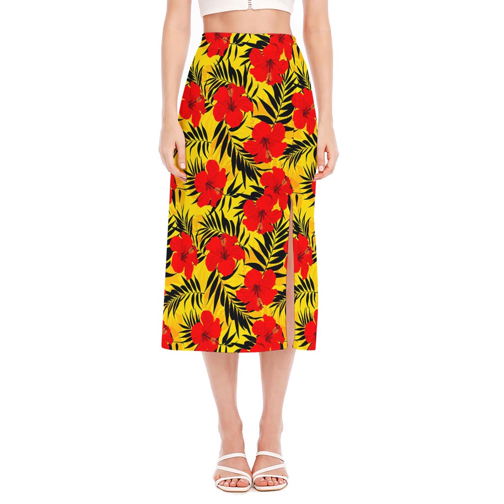 Hawaiian Hibiscus Flowers Pattern Print Side Slit Midi Skirt