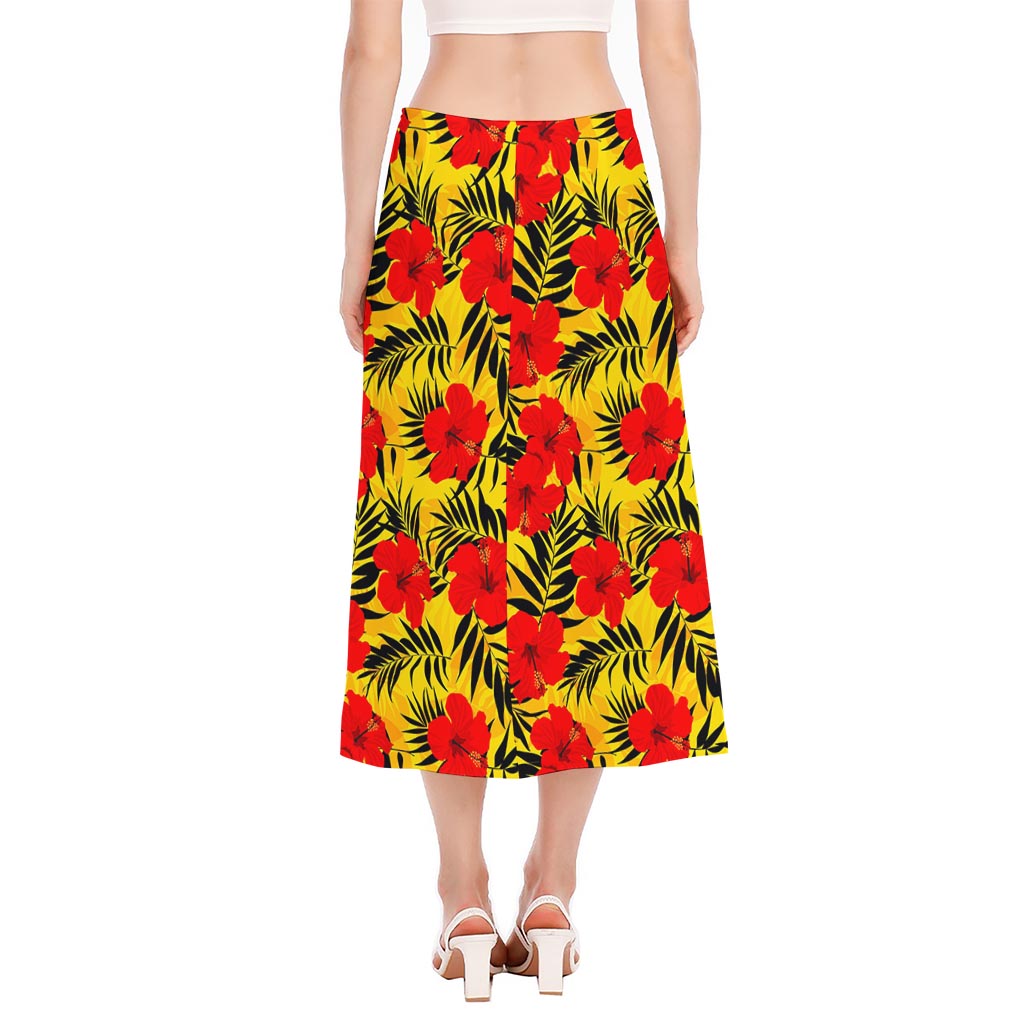 Hawaiian Hibiscus Flowers Pattern Print Side Slit Midi Skirt