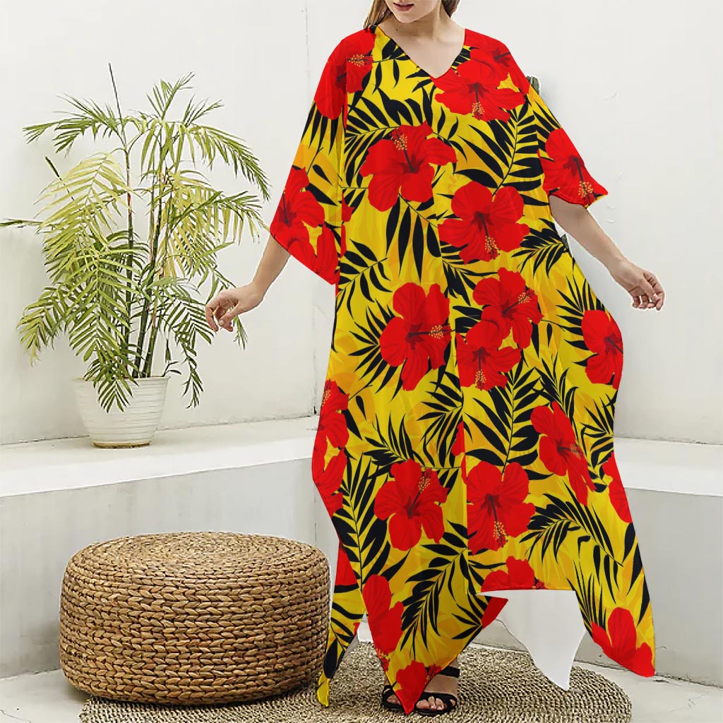 Hawaiian Hibiscus Flowers Pattern Print Silk V-Neck Kaftan Dress