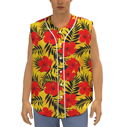 Hawaiian Hibiscus Flowers Pattern Print Sleeveless Baseball Jersey